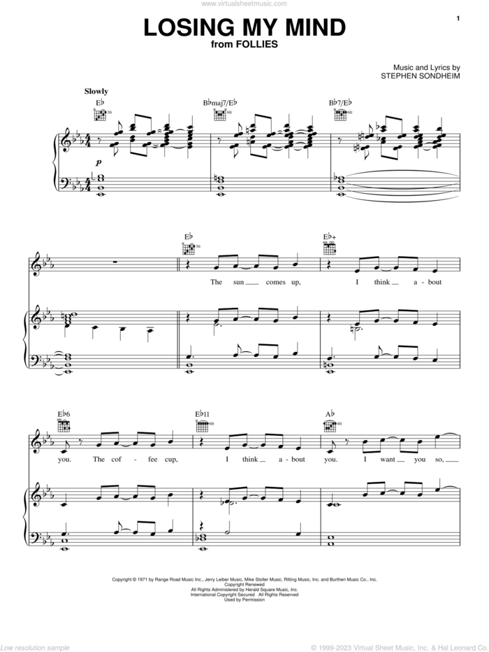 Losing My Mind sheet music for voice, piano or guitar by Stephen Sondheim, Follies (Musical) and Liza Minnelli, intermediate skill level