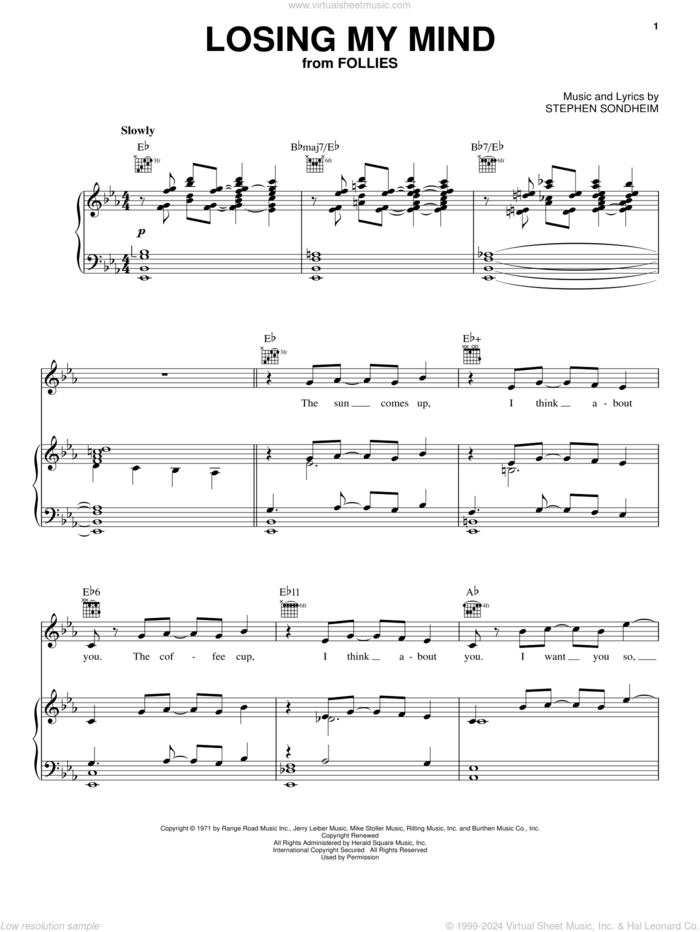 Losing My Mind sheet music for voice, piano or guitar by Stephen Sondheim, Follies (Musical) and Liza Minnelli, intermediate skill level