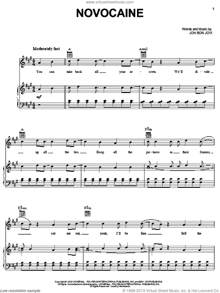 Novocaine sheet music for voice, piano or guitar by Bon Jovi, intermediate skill level
