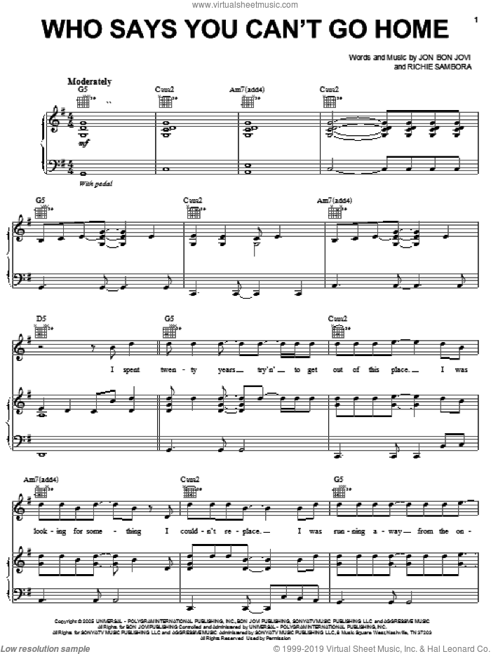 Who Says You Can't Go Home sheet music for voice, piano or guitar by Bon Jovi with Jennifer Nettles, Jennifer Nettles, Bon Jovi and Richie Sambora, intermediate skill level