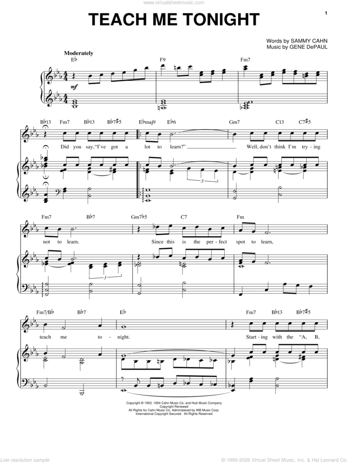 Teach Me Tonight sheet music for voice, piano or guitar by Sammy Cahn and Gene DePaul, intermediate skill level