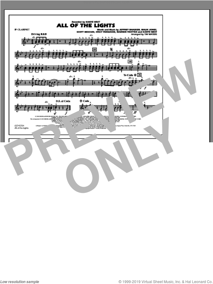 All Of The Lights sheet music for marching band (Bb clarinet) by Kanye West and Tim Waters, intermediate skill level