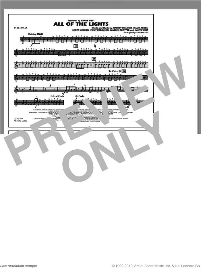 All Of The Lights sheet music for marching band (Eb alto sax) by Kanye West and Tim Waters, intermediate skill level