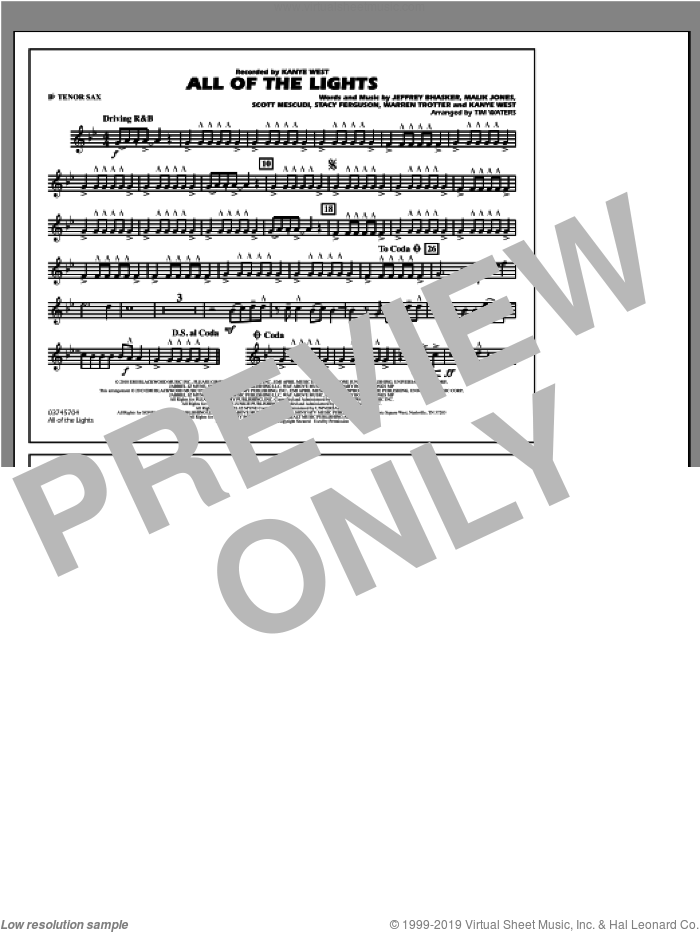 All Of The Lights sheet music for marching band (Bb tenor sax) by Kanye West and Tim Waters, intermediate skill level