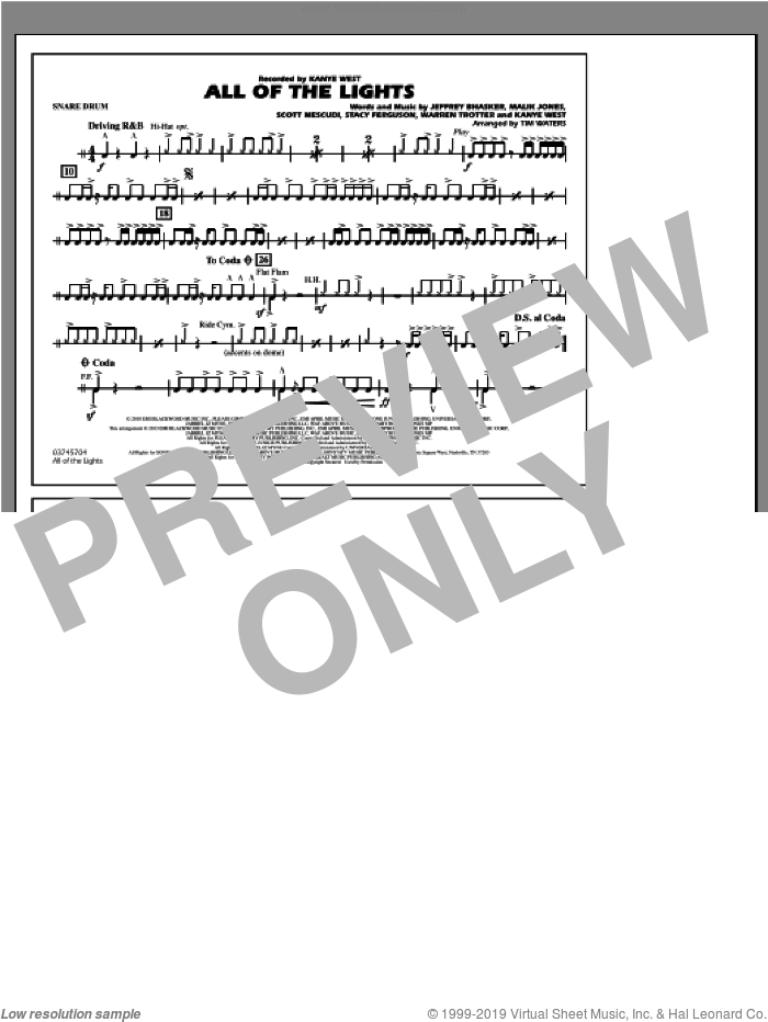 All Of The Lights sheet music for marching band (snare drum) by Kanye West and Tim Waters, intermediate skill level