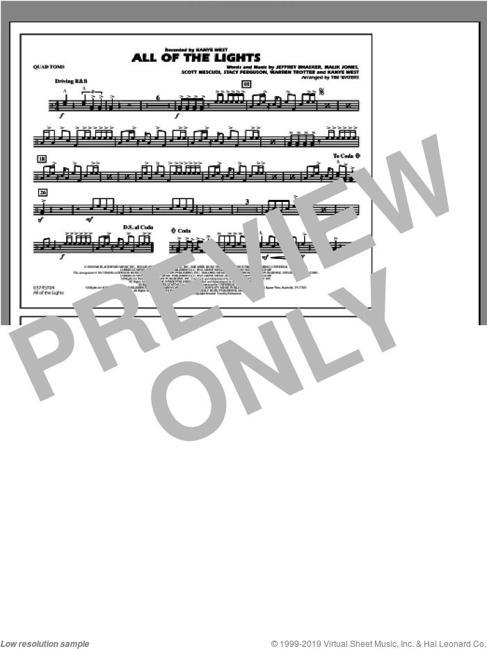 All Of The Lights sheet music for marching band (quad toms) by Kanye West and Tim Waters, intermediate skill level