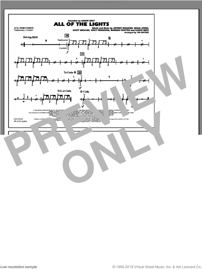 All Of The Lights sheet music for marching band (aux percussion) by Kanye West and Tim Waters, intermediate skill level