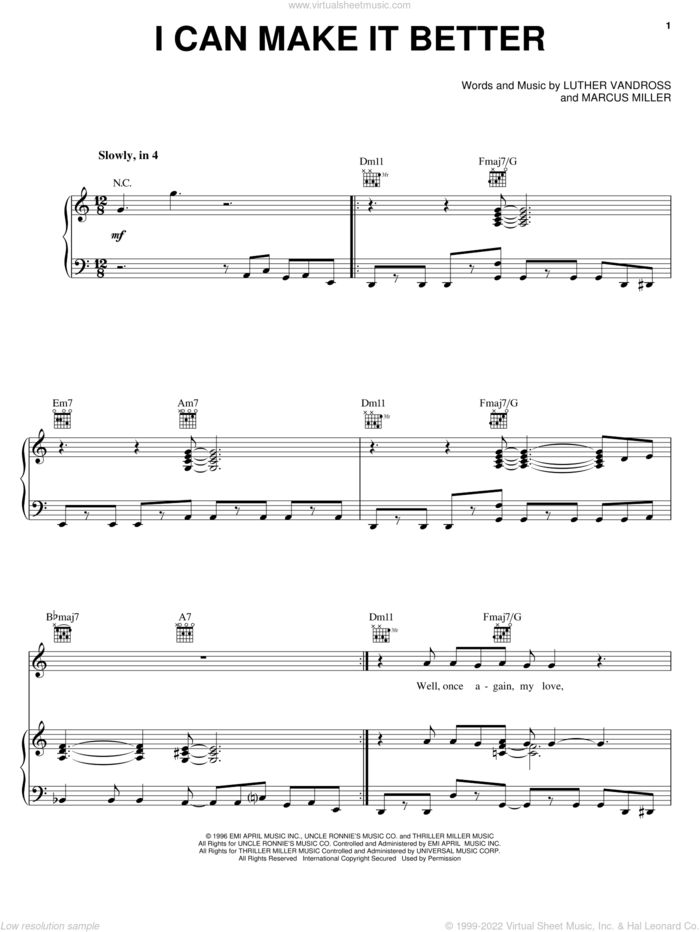 I Can Make It Better sheet music for voice, piano or guitar by Luther Vandross and Marcus Miller, intermediate skill level