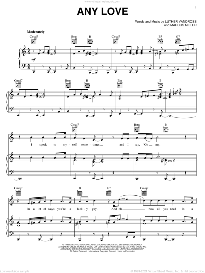 Any Love sheet music for voice, piano or guitar by Luther Vandross and Marcus Miller, intermediate skill level