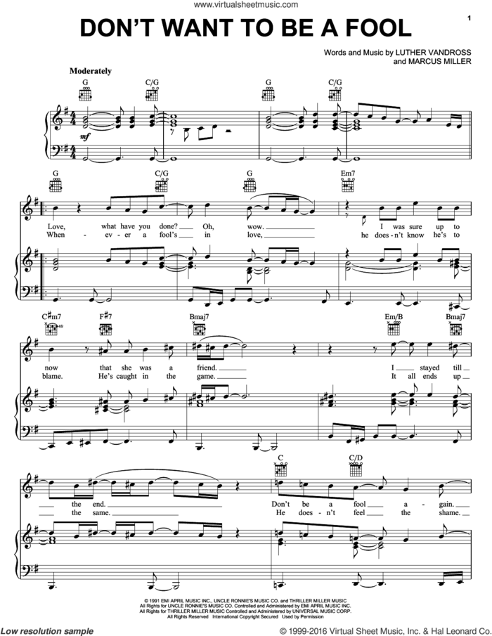 Don't Want To Be A Fool sheet music for voice, piano or guitar by Luther Vandross and Marcus Miller, intermediate skill level