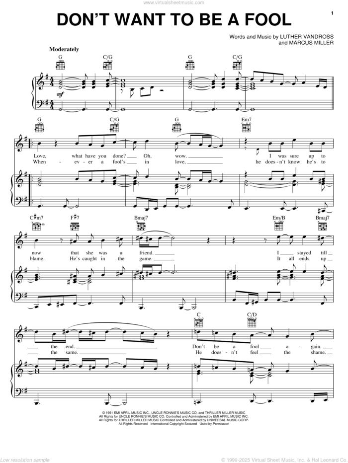 Don't Want To Be A Fool sheet music for voice, piano or guitar by Luther Vandross and Marcus Miller, intermediate skill level