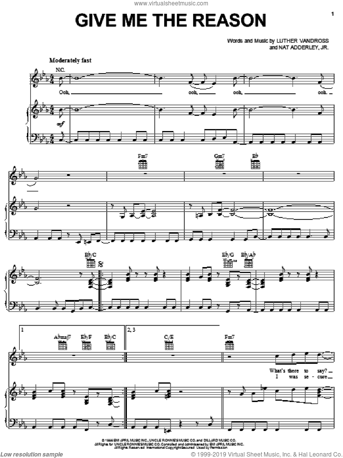 Give Me The Reason sheet music for voice, piano or guitar by Luther Vandross and Nat Adderley, Jr., intermediate skill level