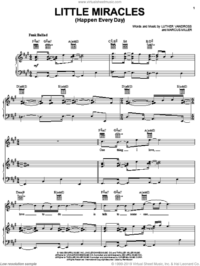 Little Miracles (Happen Every Day) sheet music for voice, piano or guitar by Luther Vandross and Marcus Miller, intermediate skill level