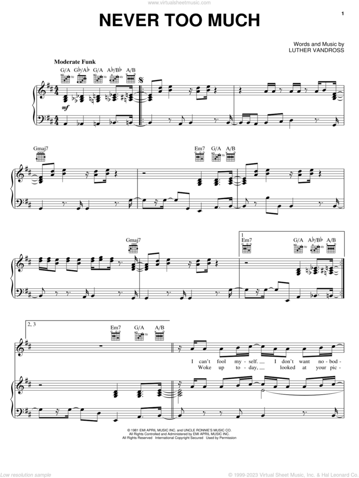 Never Too Much sheet music for voice, piano or guitar by Luther Vandross, intermediate skill level