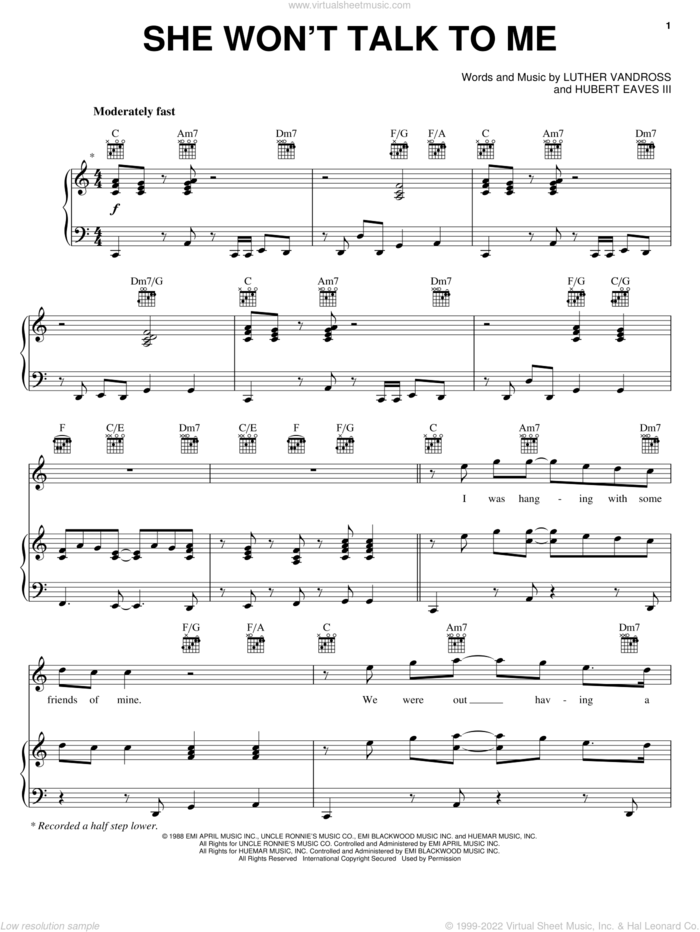 She Won't Talk To Me sheet music for voice, piano or guitar by Luther Vandross and Hubert Eaves, intermediate skill level