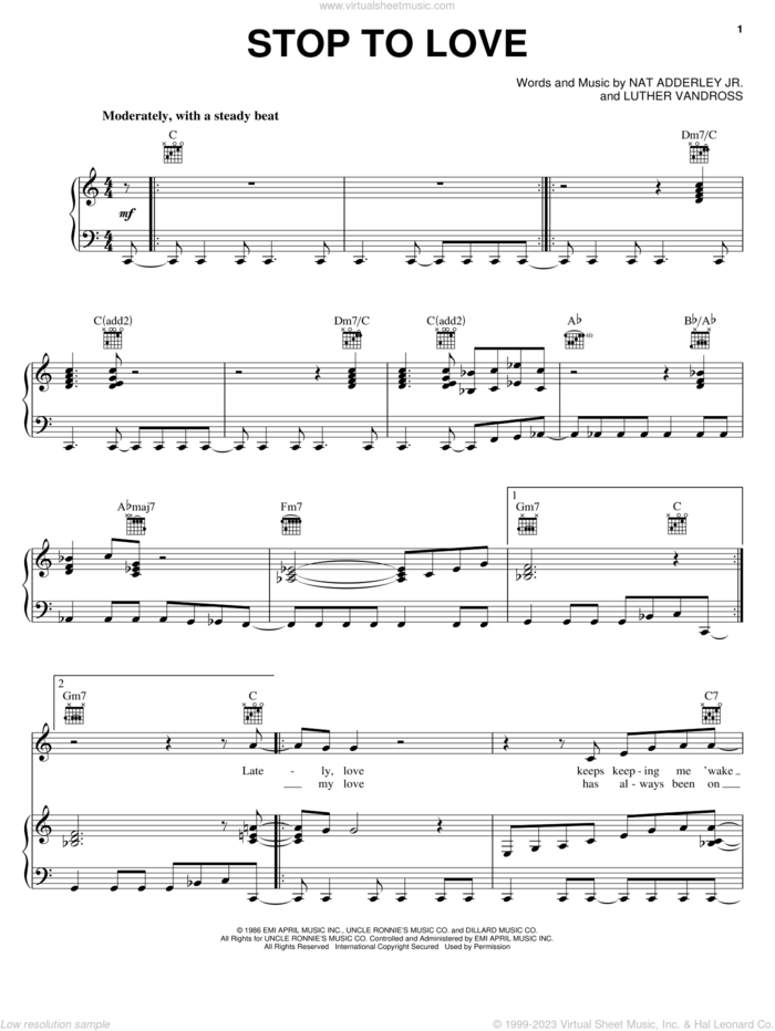 Stop To Love sheet music for voice, piano or guitar by Luther Vandross and Nat Adderley, Jr., intermediate skill level