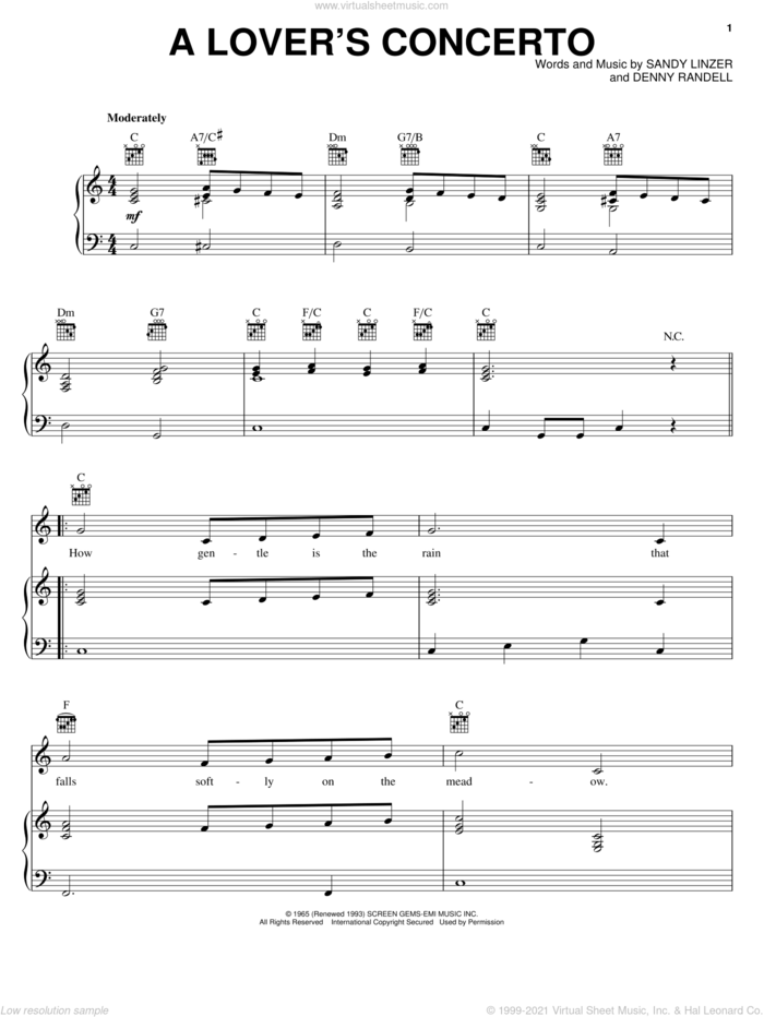 A Lover's Concerto sheet music for voice, piano or guitar by The Toys, Denny Randell and Sandy Linzer, intermediate skill level