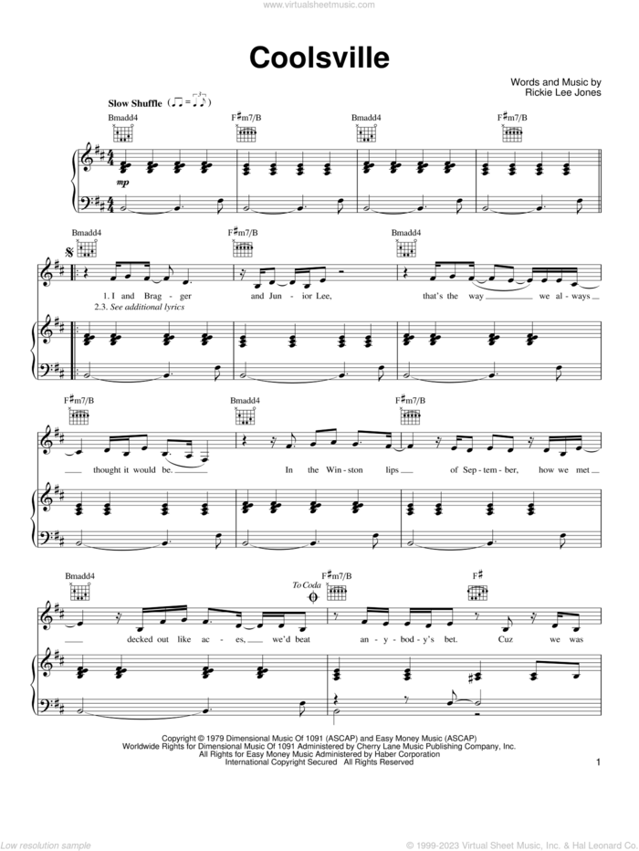 Coolsville sheet music for voice, piano or guitar by Rickie Lee Jones, intermediate skill level