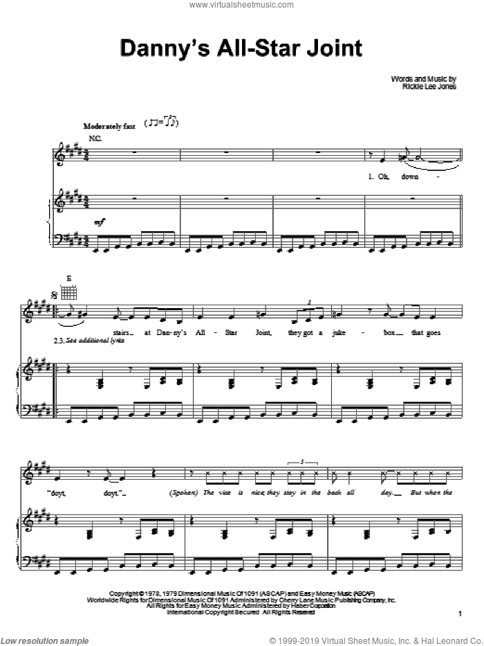 Danny's All-Star Joint sheet music for voice, piano or guitar by Rickie Lee Jones, intermediate skill level