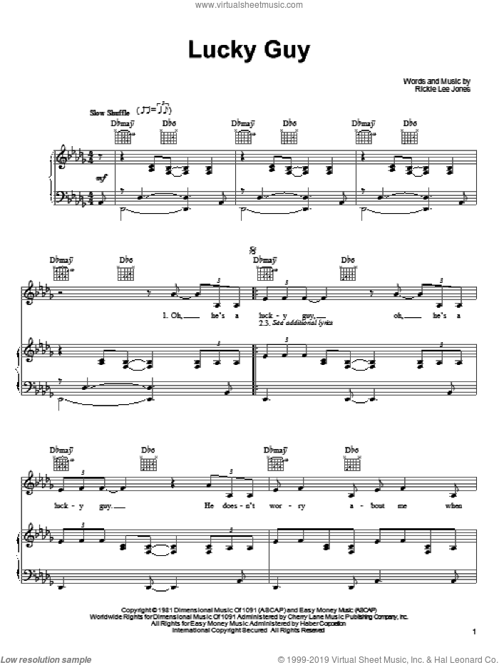 Lucky Guy sheet music for voice, piano or guitar by Rickie Lee Jones, intermediate skill level