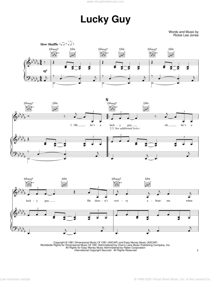 Lucky Guy sheet music for voice, piano or guitar by Rickie Lee Jones, intermediate skill level