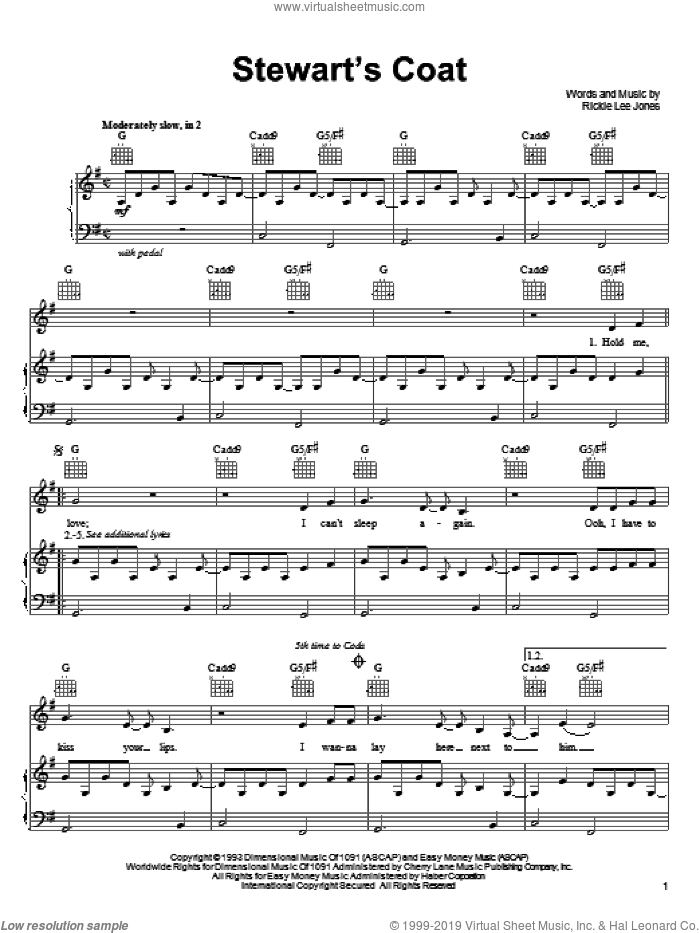 Stewart's Coat sheet music for voice, piano or guitar by Rickie Lee Jones, intermediate skill level