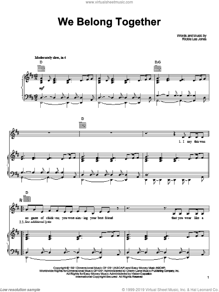 We Belong Together sheet music for voice, piano or guitar by Rickie Lee Jones, intermediate skill level