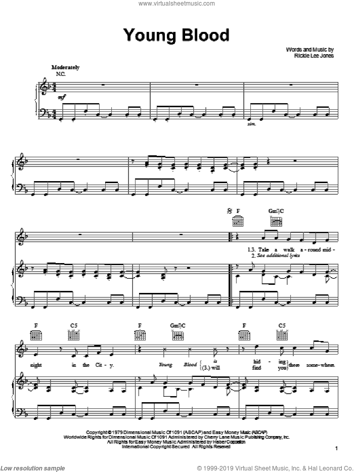 Young Blood sheet music for voice, piano or guitar by Rickie Lee Jones, intermediate skill level