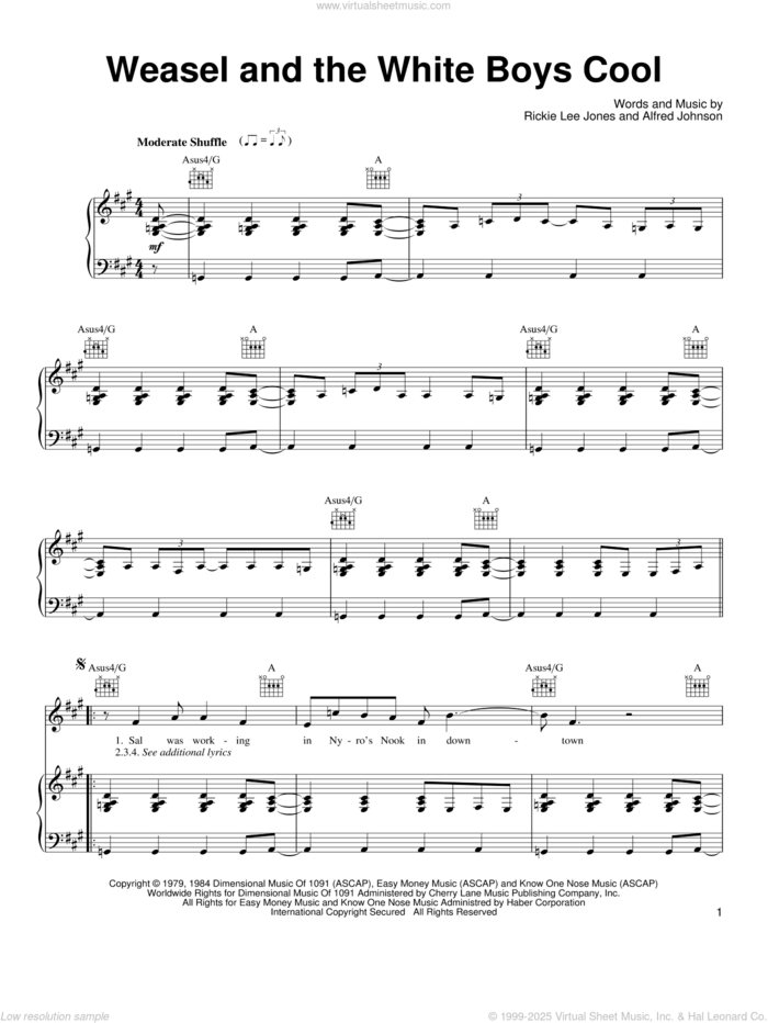 Weasel And The White Boys Cool sheet music for voice, piano or guitar by Rickie Lee Jones and Alfred Johnson, intermediate skill level