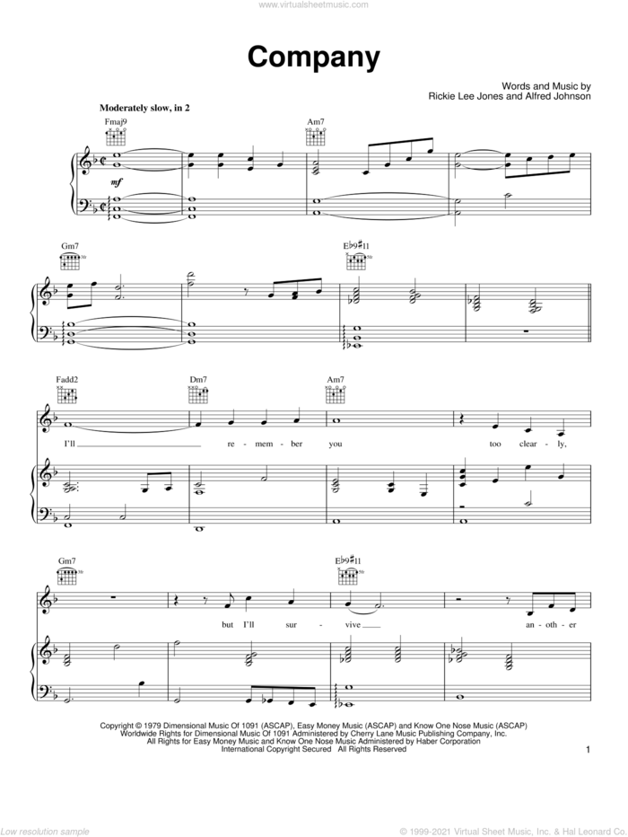 Company sheet music for voice, piano or guitar by Rickie Lee Jones and Alfred Johnson, intermediate skill level