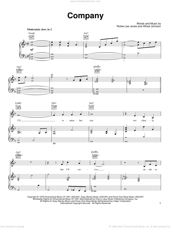 Company sheet music for voice, piano or guitar by Rickie Lee Jones and Alfred Johnson, intermediate skill level