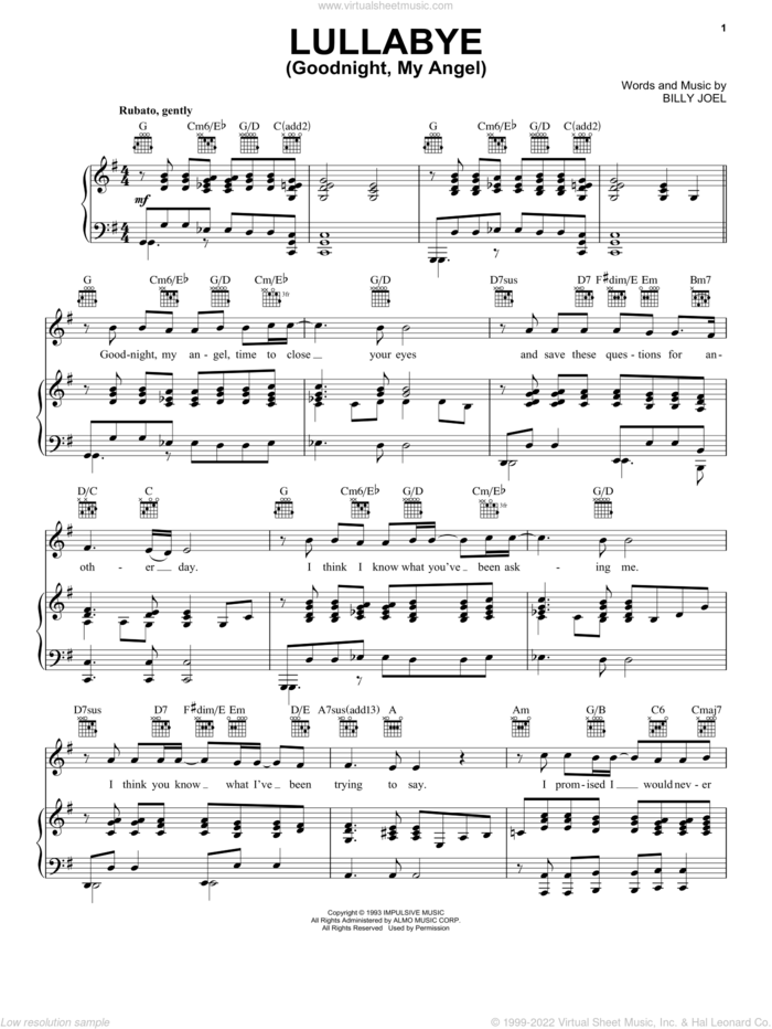 Lullabye (Goodnight, My Angel) sheet music for voice, piano or guitar by Billy Joel, intermediate skill level