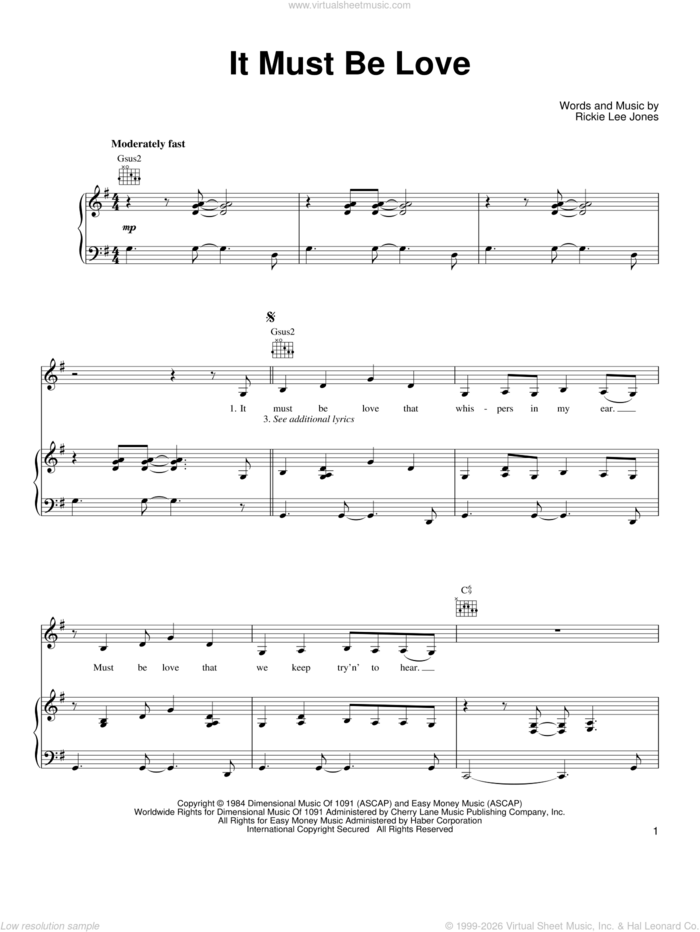 It Must Be Love sheet music for voice, piano or guitar by Rickie Lee Jones, intermediate skill level