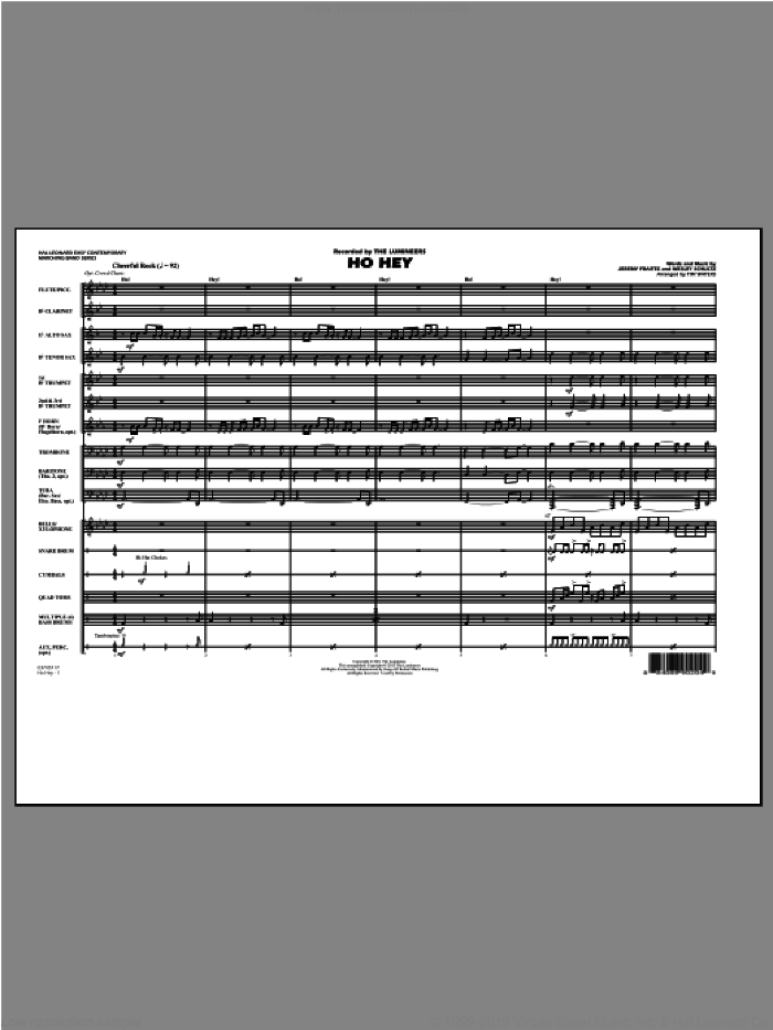 Ho Hey (COMPLETE) sheet music for marching band by The Lumineers and Tim Waters, intermediate skill level