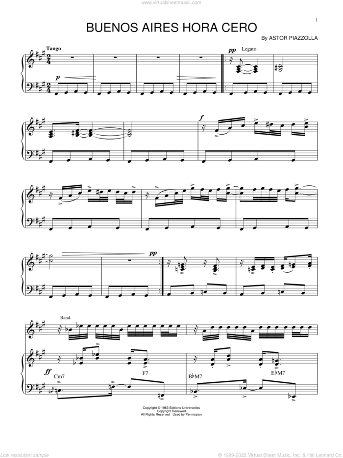 Buenos Aires Hora Cero sheet music for piano solo by Astor Piazzolla, intermediate skill level
