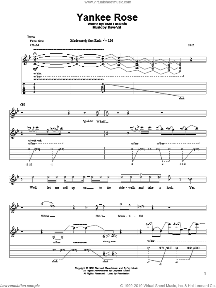 Yankee Rose sheet music for guitar (tablature, play-along) by David Lee Roth and Steve Vai, intermediate skill level
