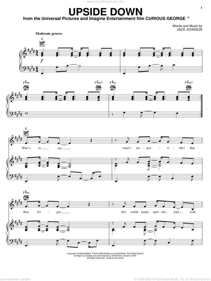 Upside Down sheet music for voice, piano or guitar by Jack Johnson and Curious George (Movie), intermediate skill level