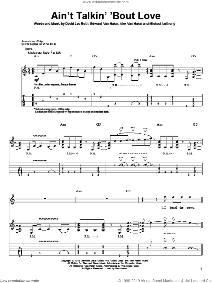 Ain't Talkin' 'Bout Love sheet music for guitar (tablature, play-along) by Edward Van Halen, Alex Van Halen, David Lee Roth and Michael Anthony, intermediate skill level
