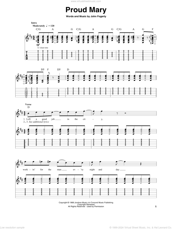 Proud Mary sheet music for guitar (tablature, play-along) by Creedence Clearwater Revival, Ike & Tina Turner and John Fogerty, intermediate skill level