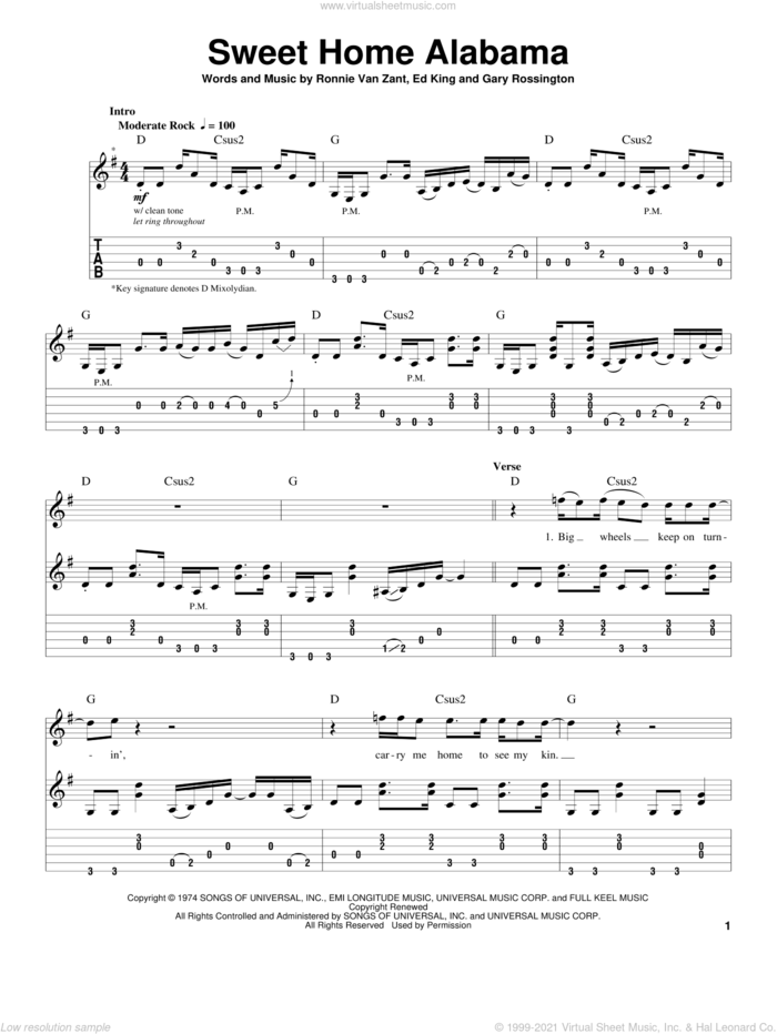 Sweet Home Alabama sheet music for guitar (tablature, play-along) by Lynyrd Skynyrd, Edward King, Gary Rossington and Ronnie Van Zant, intermediate skill level