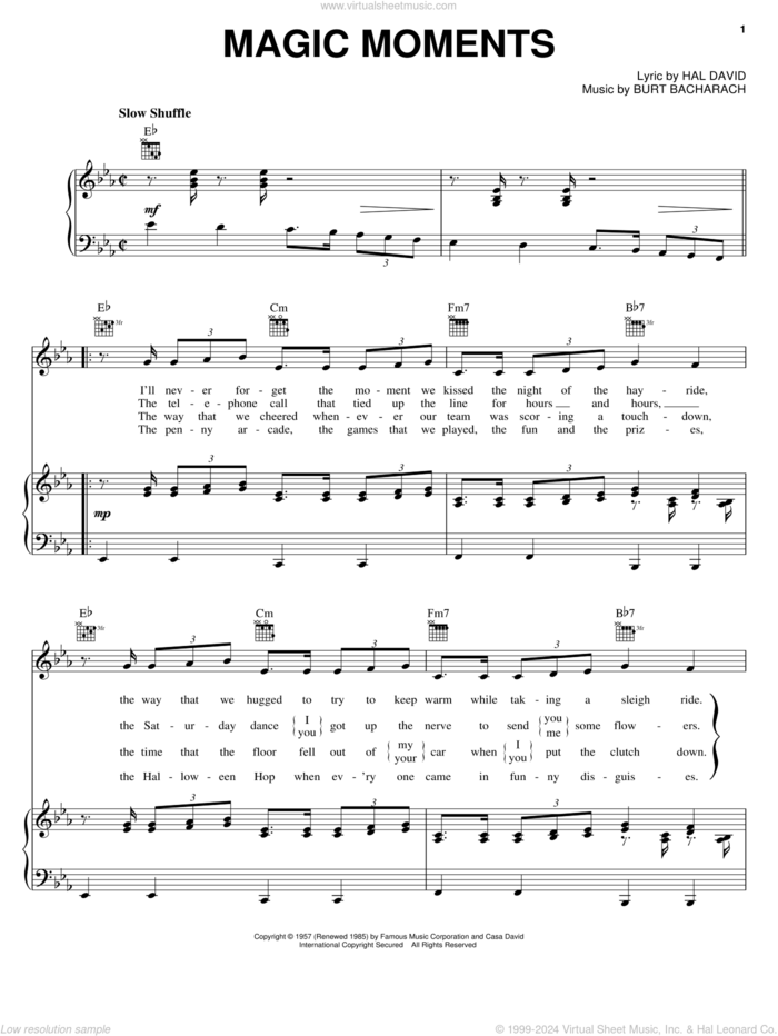 Magic Moments sheet music for voice, piano or guitar by Perry Como, Bacharach & David, Burt Bacharach and Hal David, intermediate skill level