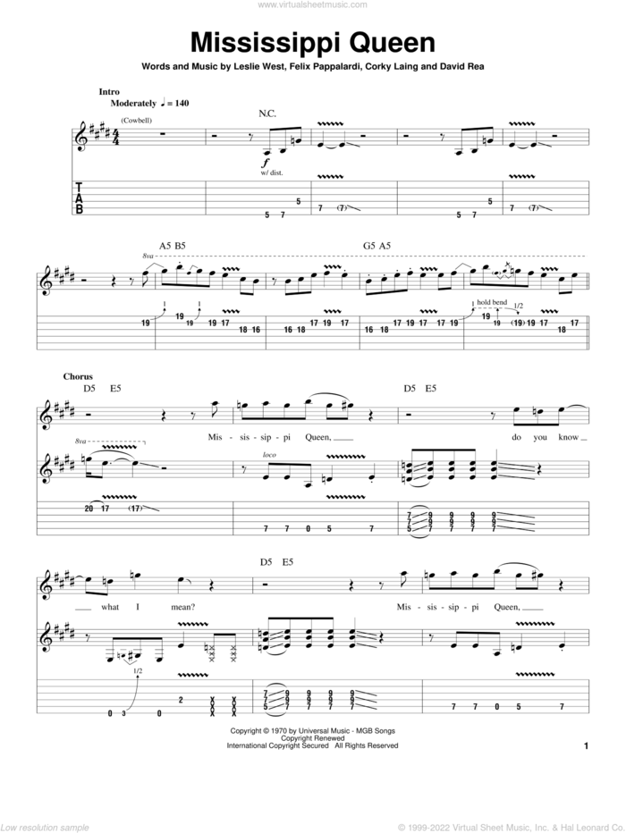 Mississippi Queen sheet music for guitar (tablature, play-along) by Mountain, Corky Laing, David Rea, Felix Pappalardi and Leslie West, intermediate skill level