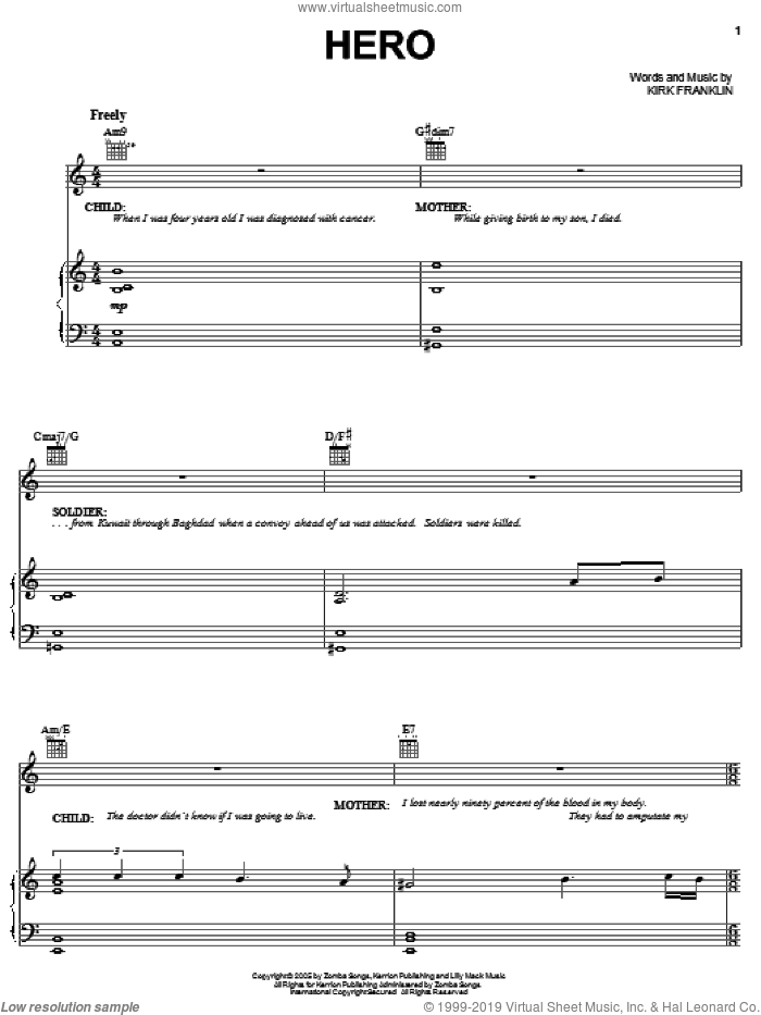 Hero sheet music for voice, piano or guitar by Kirk Franklin, intermediate skill level