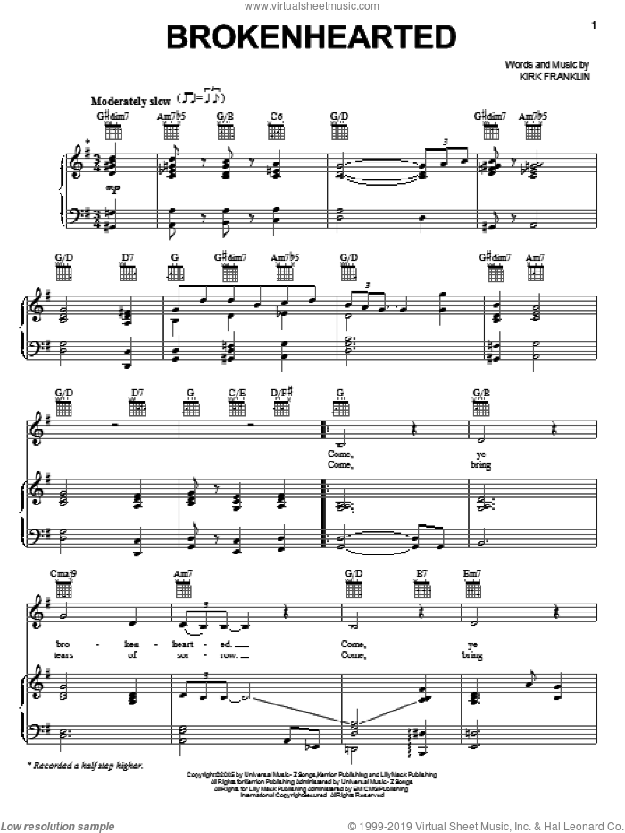 Brokenhearted sheet music for voice, piano or guitar by Kirk Franklin, intermediate skill level