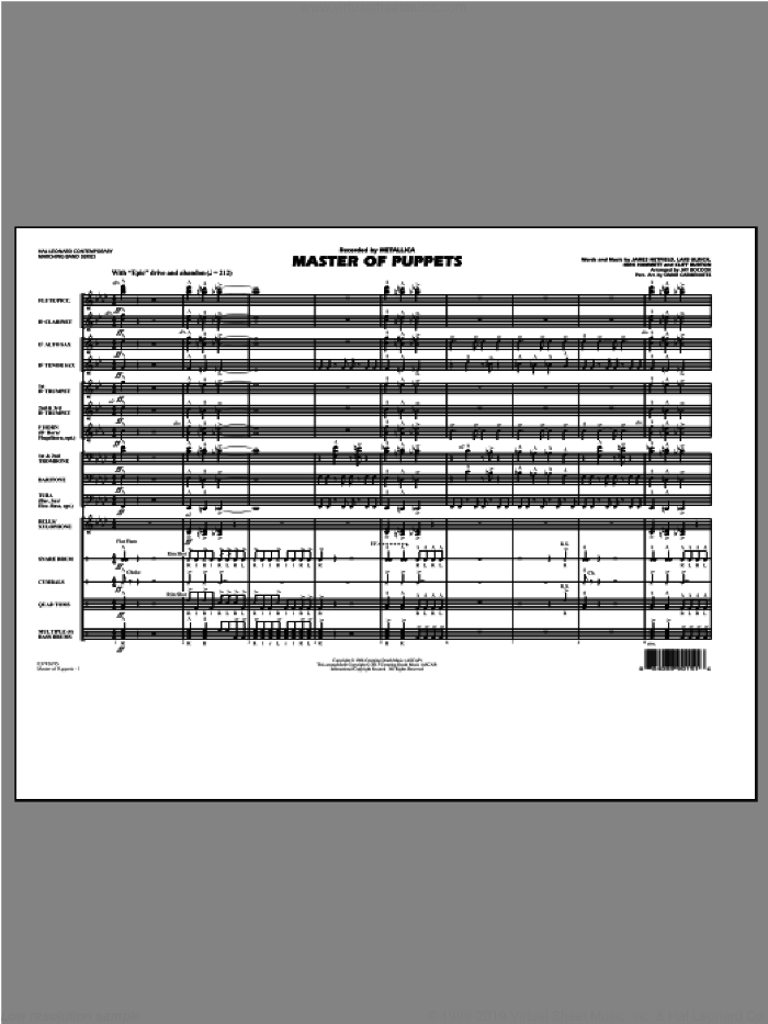 Master of Puppets (COMPLETE) sheet music for marching band by Metallica and Jay Bocook, intermediate skill level