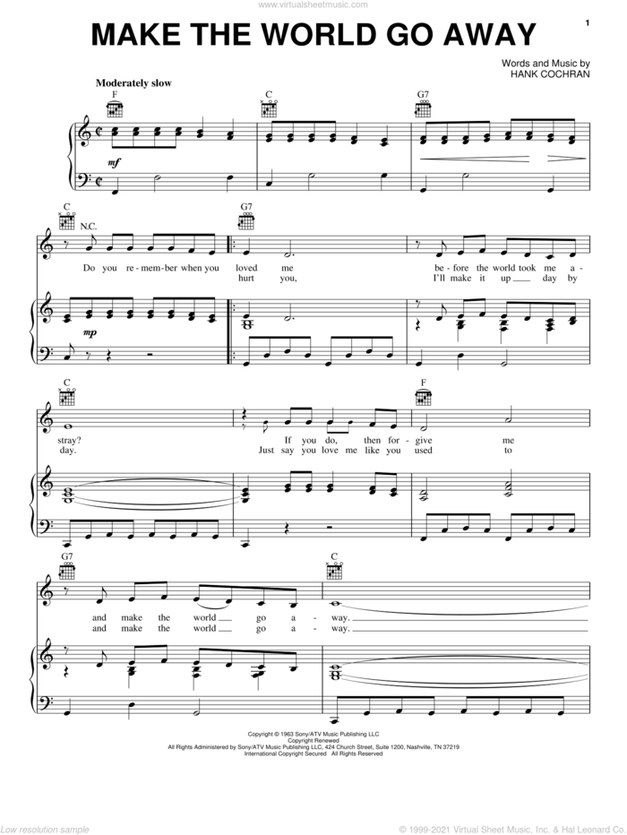 Make The World Go Away sheet music for voice, piano or guitar by Eddy Arnold, Elvis Presley, Ray Price and Hank Cochran, intermediate skill level