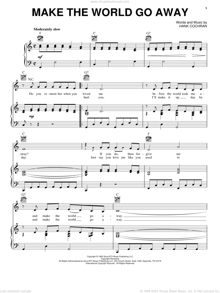 Make The World Go Away sheet music for voice, piano or guitar by Eddy Arnold, Elvis Presley, Ray Price and Hank Cochran, intermediate skill level