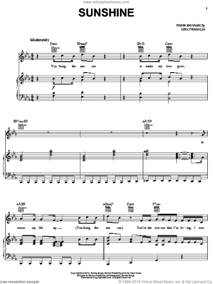 Sunshine sheet music for voice, piano or guitar by Kirk Franklin, intermediate skill level