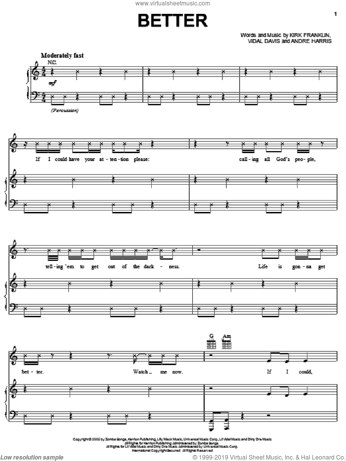 Better sheet music for voice, piano or guitar by Kirk Franklin, Andre Harris and Vidal Davis, intermediate skill level
