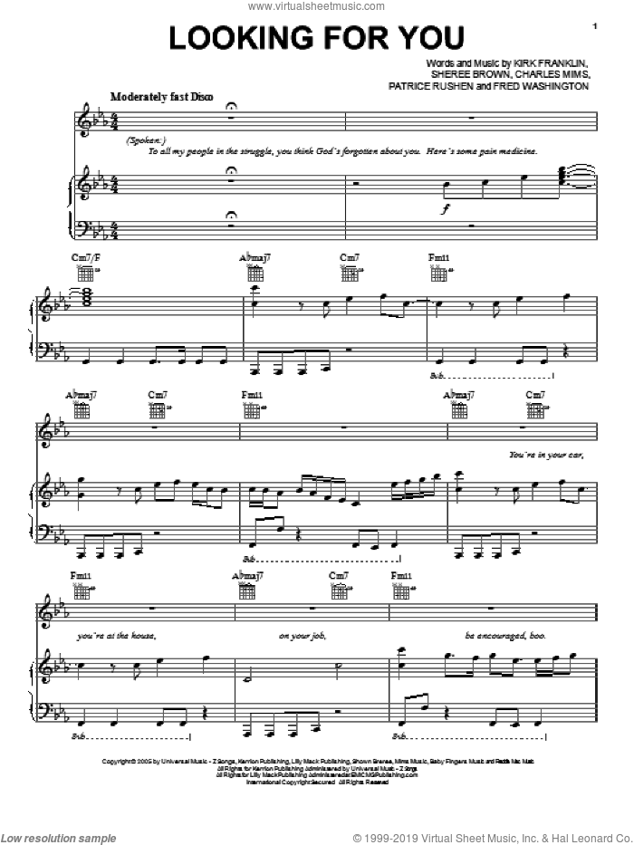 Looking For You sheet music for voice, piano or guitar by Kirk Franklin, Charles Mims, Fred Washington, Patrice Rushen and Sheree Brown, intermediate skill level
